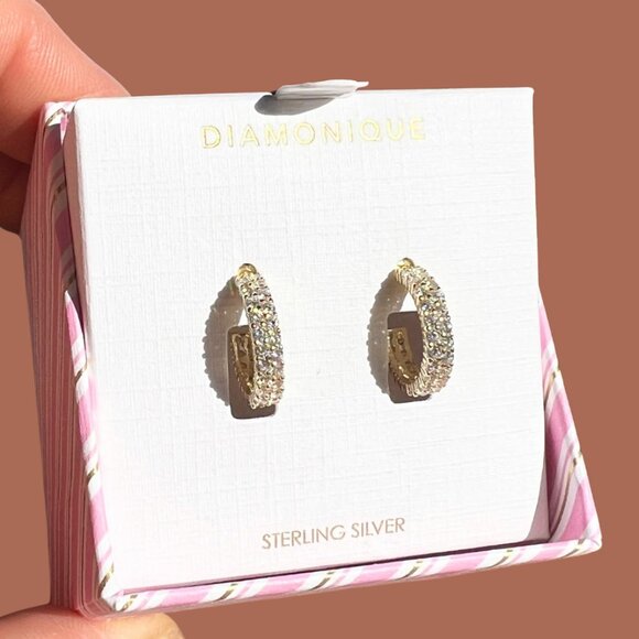 Diamonique Pavé Huggie Hoop Earrings Gold Plated Sterling Silver NEW - Picture 8 of 11